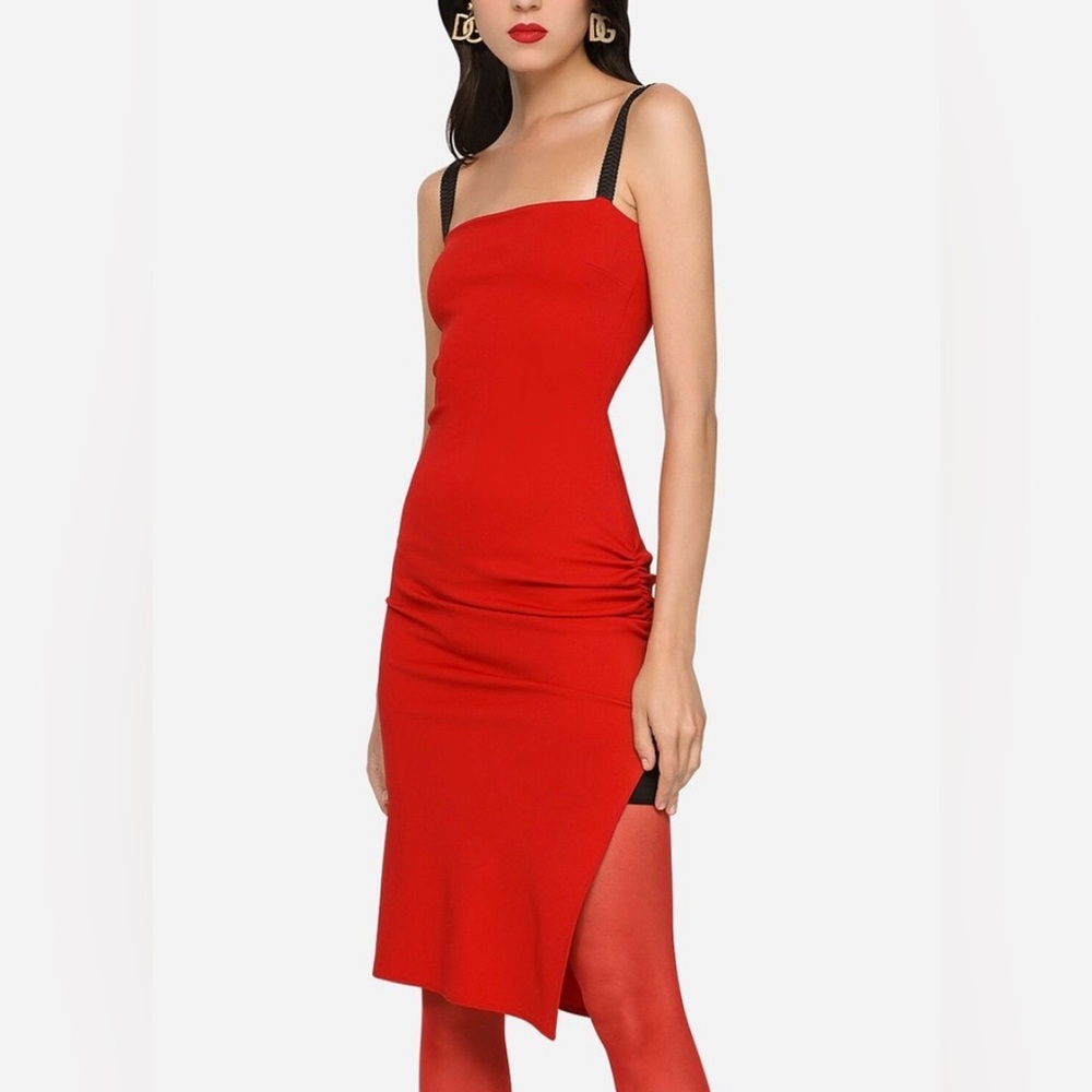 DOLCE & GABBANA Ruched Red Midi Fitted Stretch Viscose Slip Dress 38 IT